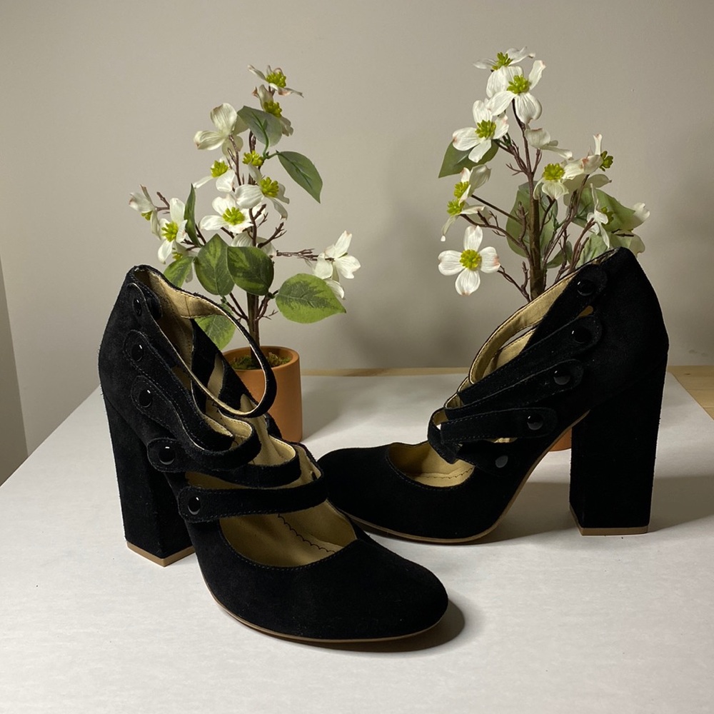 bp. Black Suede 5 Strap Mary Jane Chunky Heel